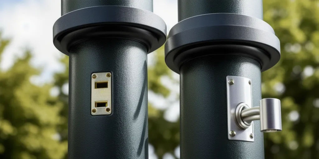 How do you secure the access panel on an outdoor lamp post?