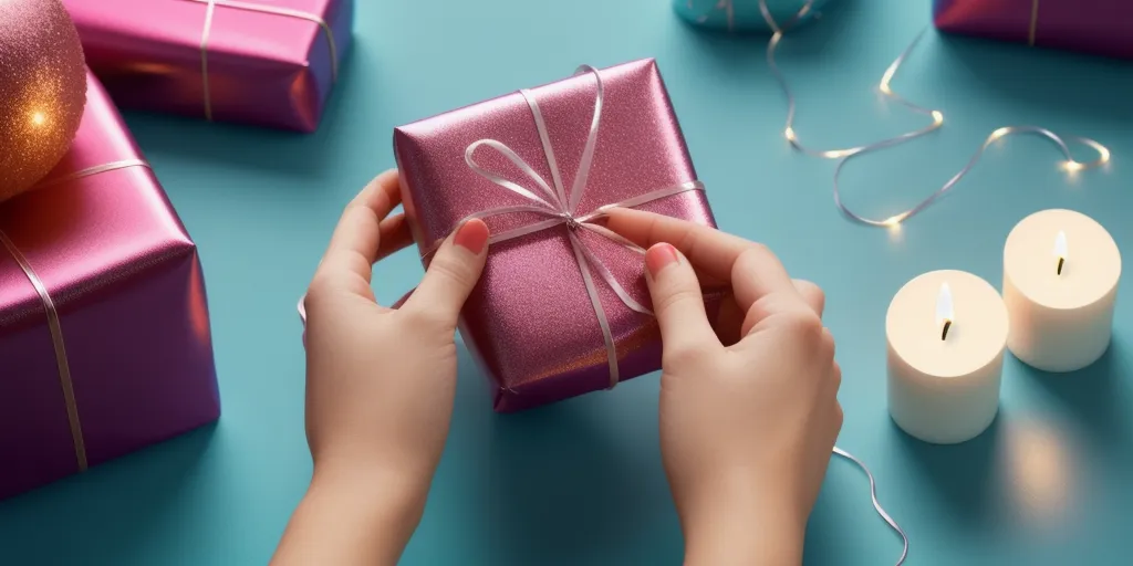 How do you secure the wrapping paper around the candle?